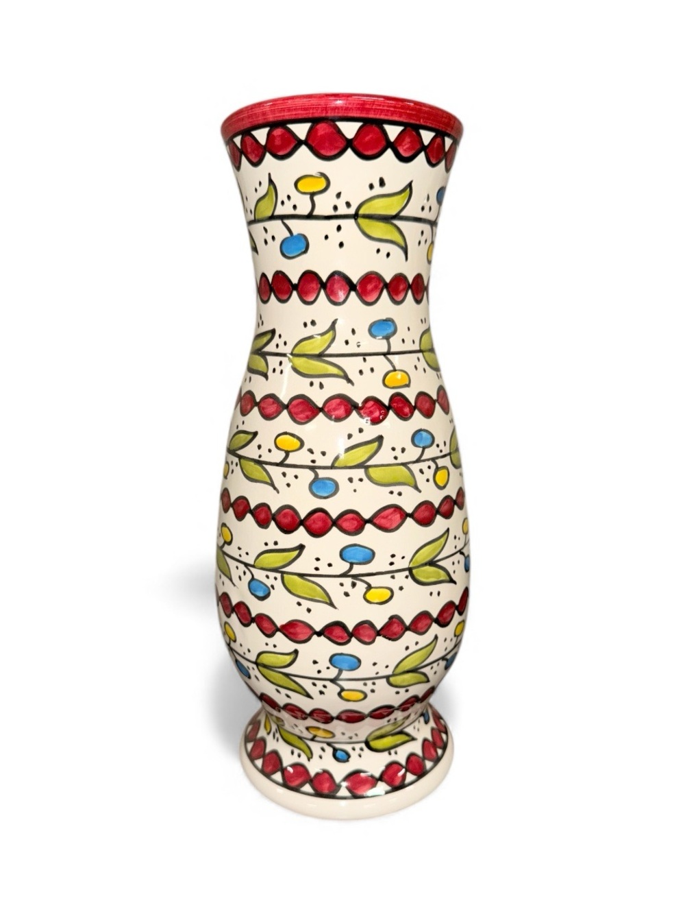 Hand-Painted Ceramic Pitcher-Style Vase in Cream with Red, Yellow, Blue & Green